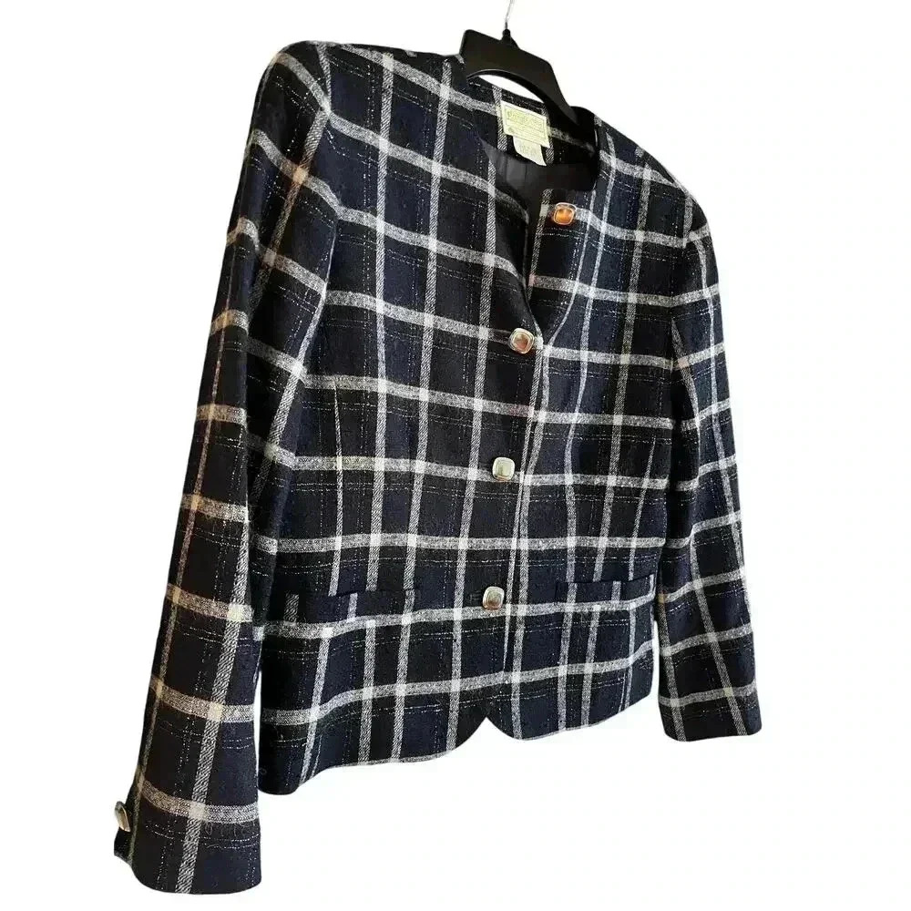 Vintage Pendleton Women’s Blue Silver Plaid Pure Virgin Wool Jacket Size 10 - Picture 2 of 6